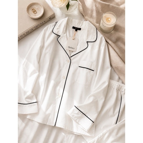 Quince Other - Quince Women Pajama Top Shirt L White Black Piping Organic Cotton Poplin Button